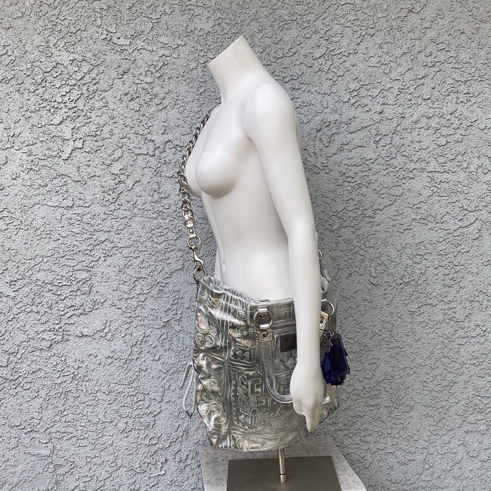 Vintage Y2K RARE Silver Metallic Coach Poppy Signature Shoulder Bag Purse XL - Picture 9 of 16